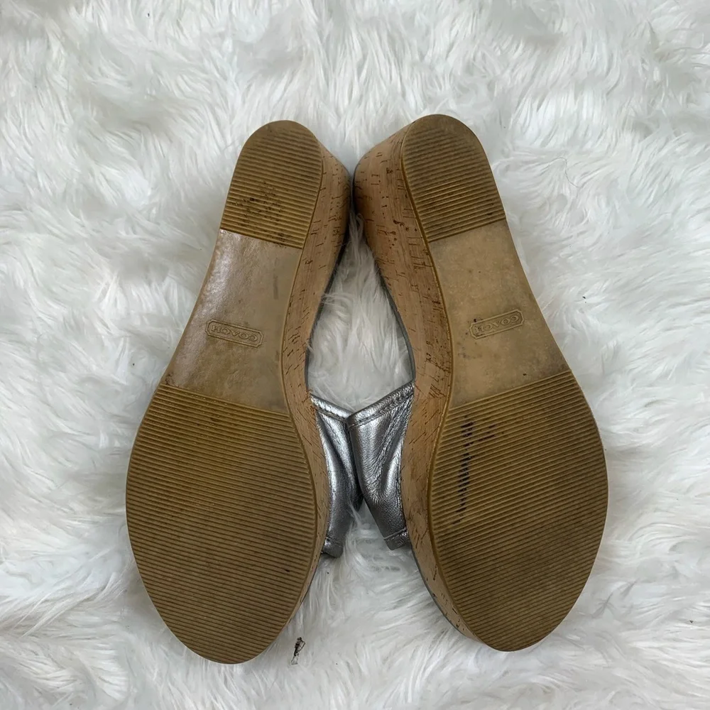 Coach Judith Silver Open Toe Wedge Sandals Size 10 Cork Heel